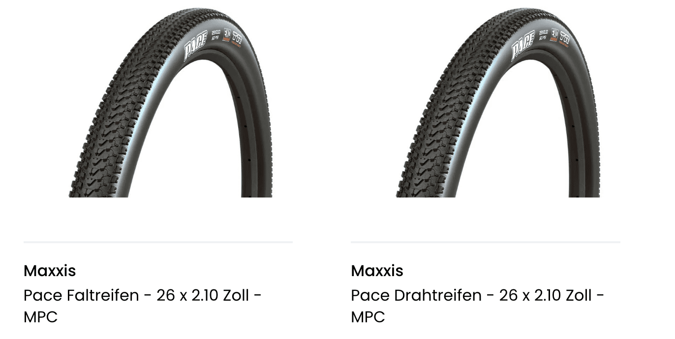 Faltreifen und Drahtreifen, gleiches Modell